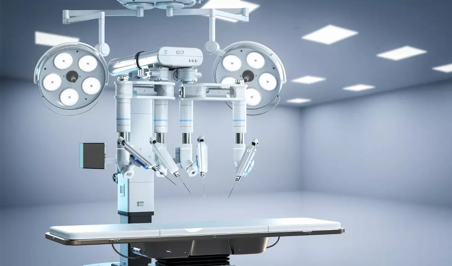 Ilustração de um sistema de cirurgia robótica e mesa cirúrgica em uma sala de operação